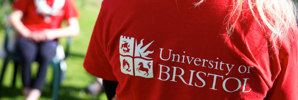Student ambassador wearing red University of Bristol t shirt